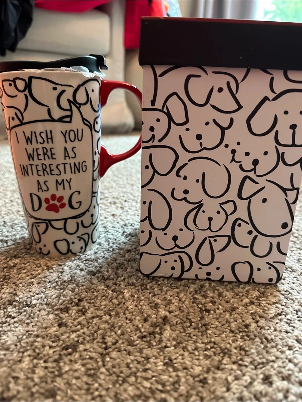 Ceramic Mug for dog lovers with Red Handle and Paw Accent